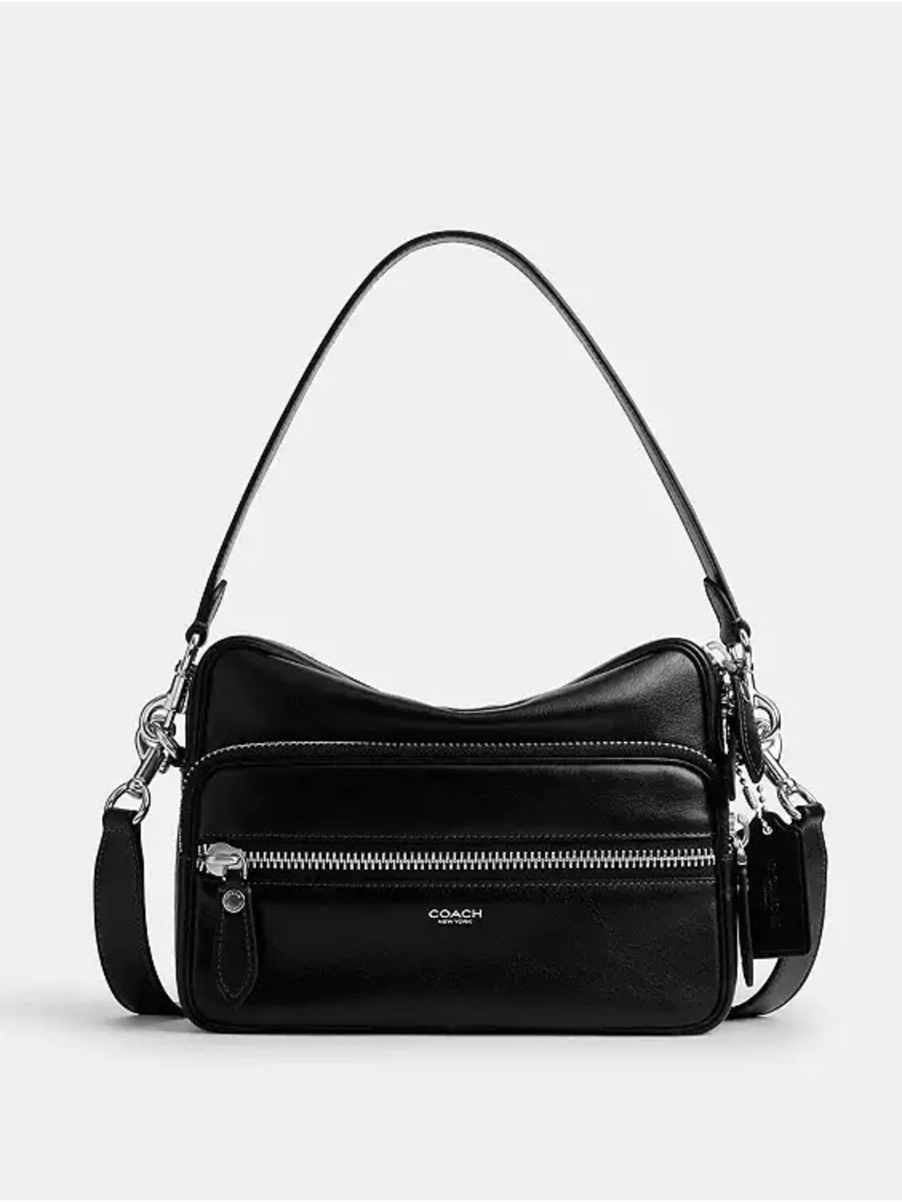 Coach Dakota Black Leather Shoulder Bag with Zip Pocket and Silver Hardware